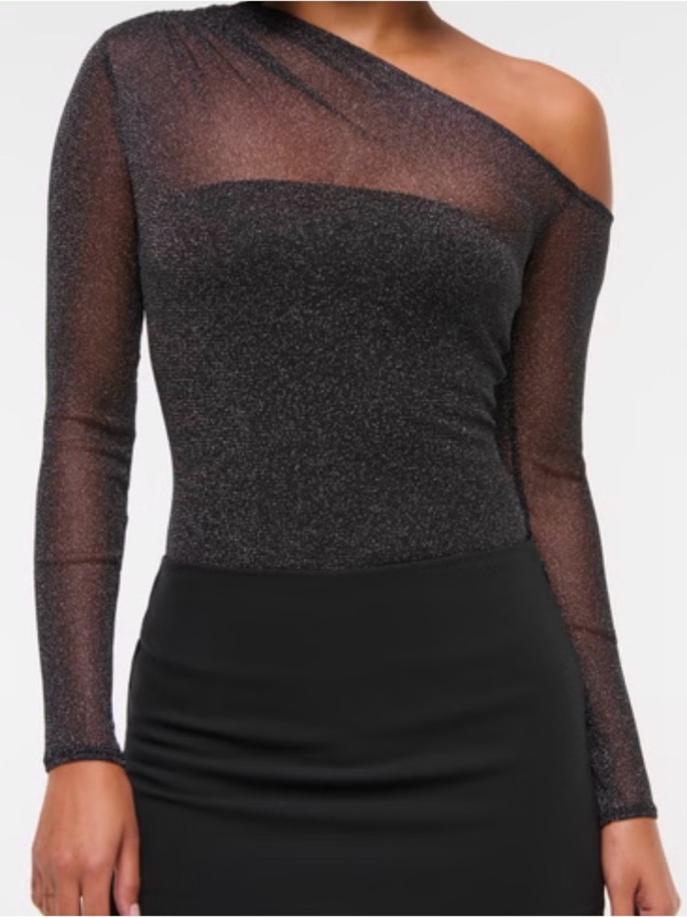Sheer One-Shoulder Black Shimmer Bodysuit